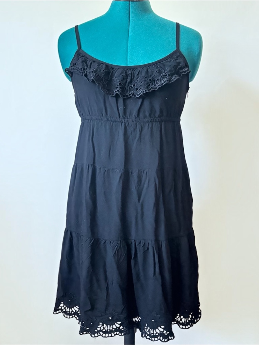 Leah Alexander Black Eyelet Embroidered Tiered Mini Dress Size L